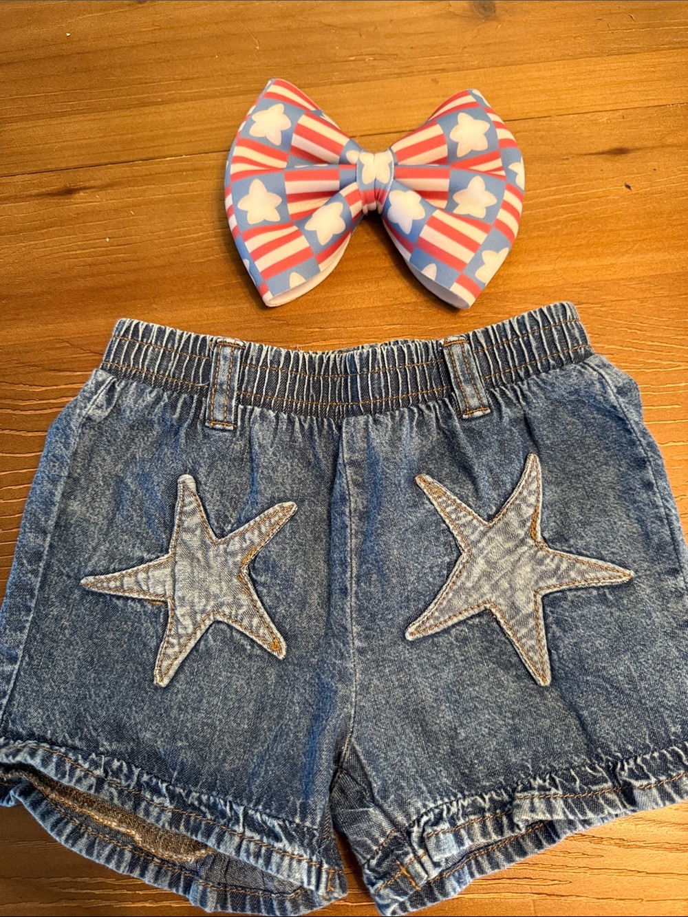 Girls Blue Denim Star Appliqué Shorts with boutique bow included